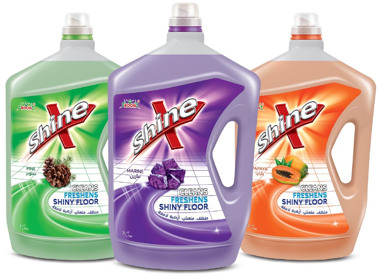 Floor cleaner liquid labeled “shine” from BOON