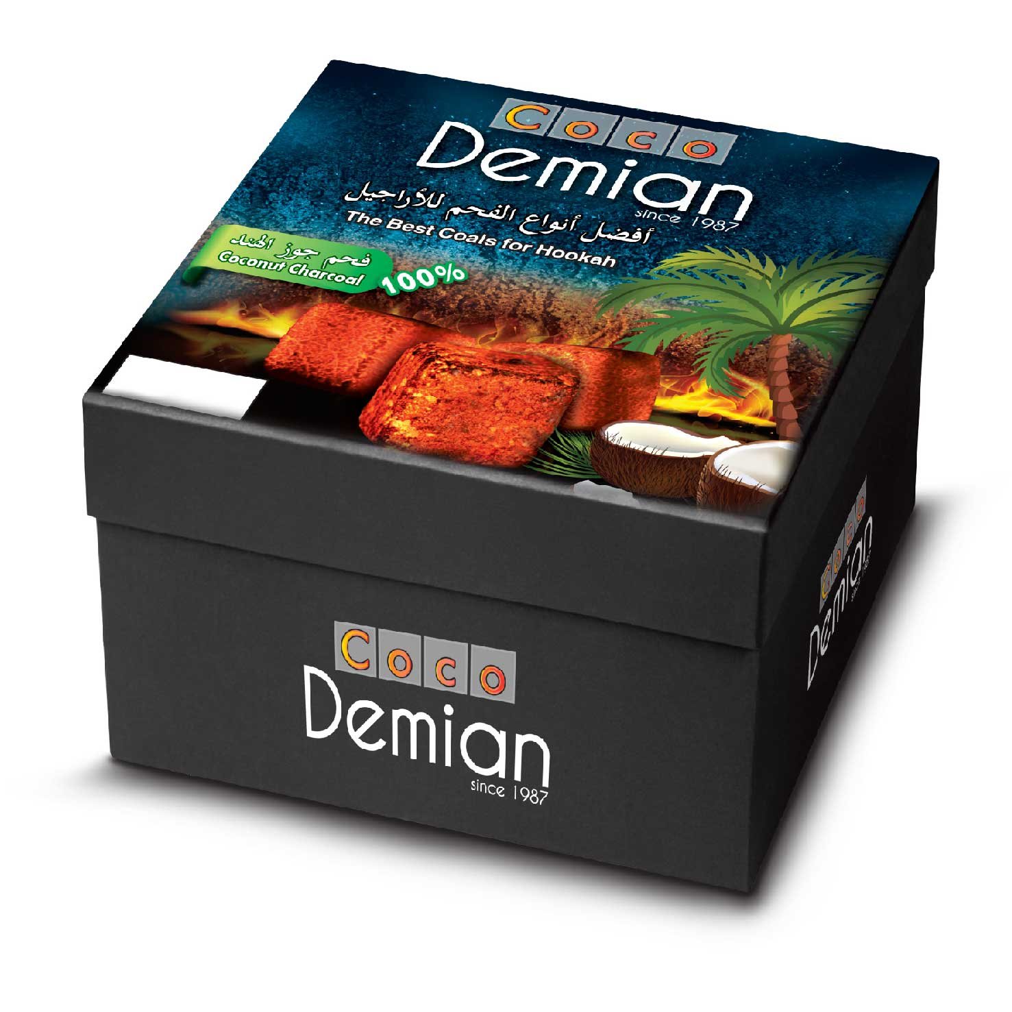 A box of coconut charcoal labeled with the name “Demian”